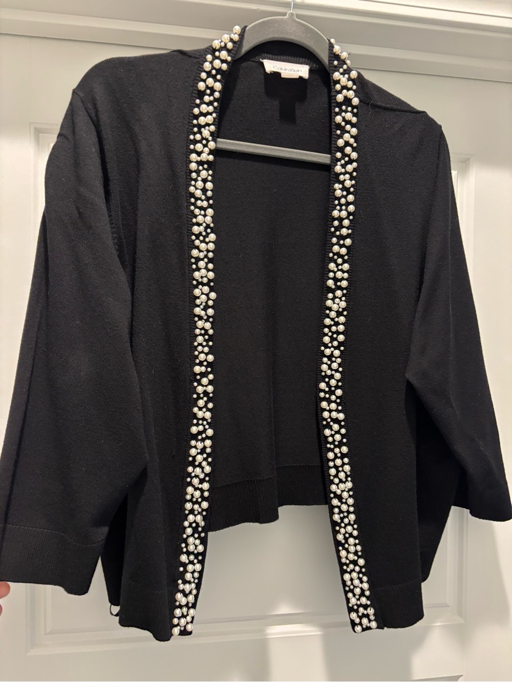 Calvin Klein Black Cardigan with Pearl Trim & 3/4 Sleeve